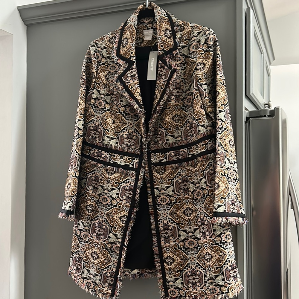 Chicos jacquard fringe trim jacket. Very cute! This jacket looks great on.